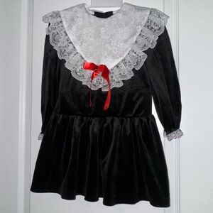 Black Velvet Dress with Lace Collar and Red Bow